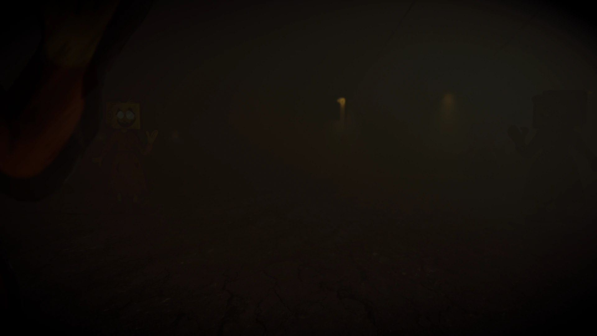 A dim INCLOSED interior with distant figures barely visible through the darkness.