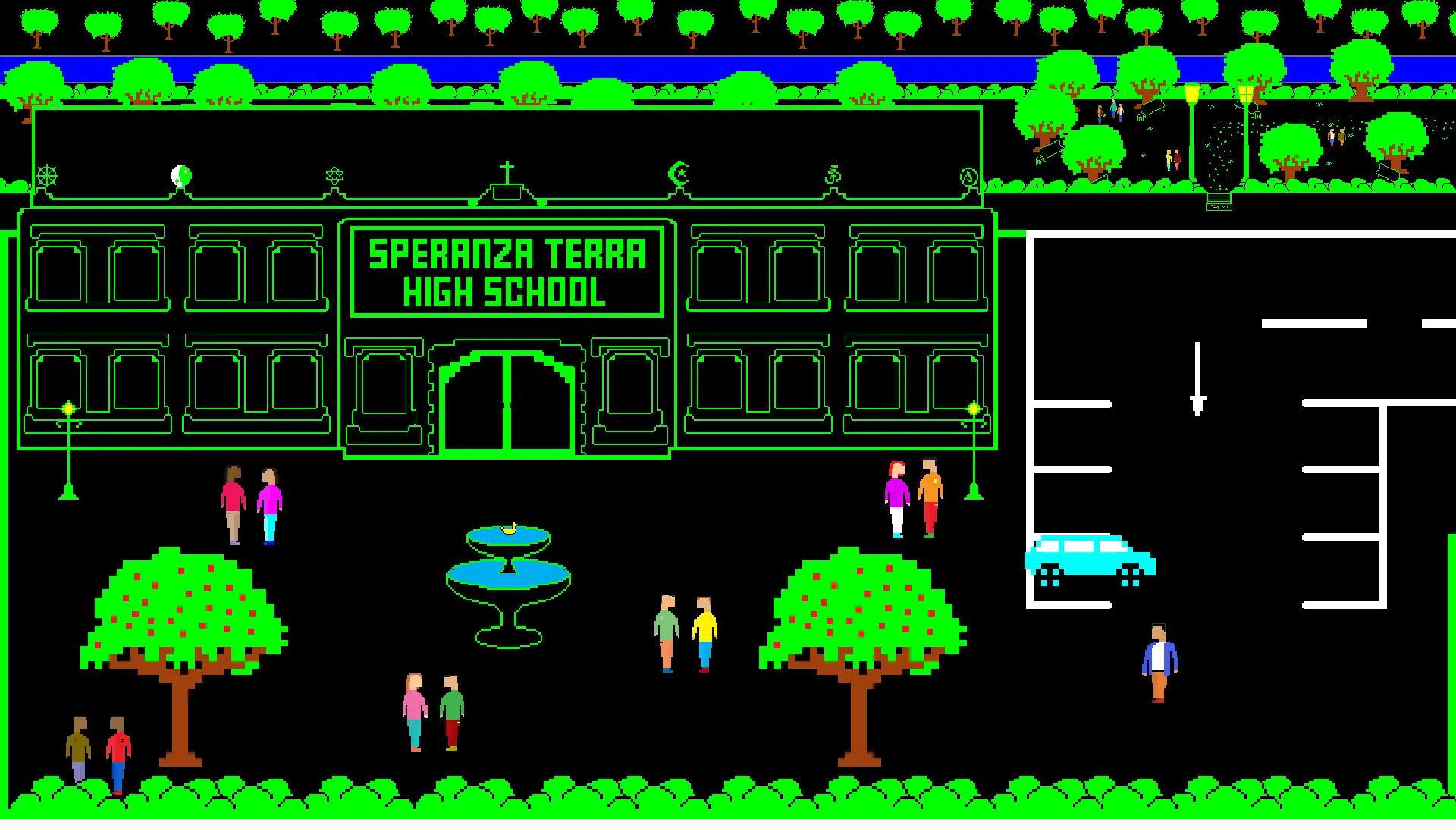 Pristiq: Tash's Trilogy gameplay showing the Speranza Terra High School courtyard.