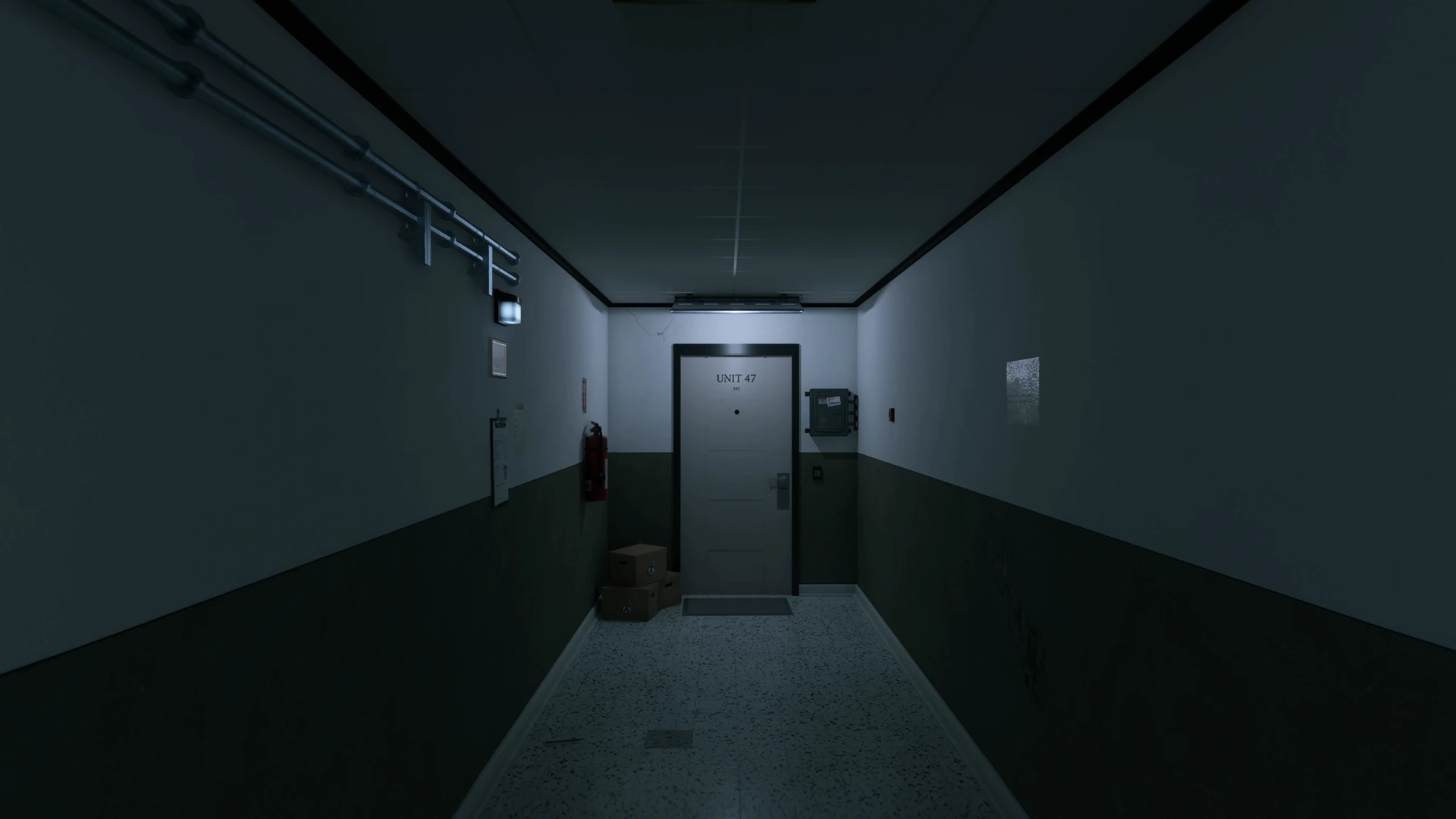 The S.C.S. corridor leading to the Unit 47 door under a caged fluorescent light in PROPERTY INSPECTION by Amir Dayyef.
